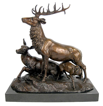 Deer Family On Bronze Sculpture On Marble Base